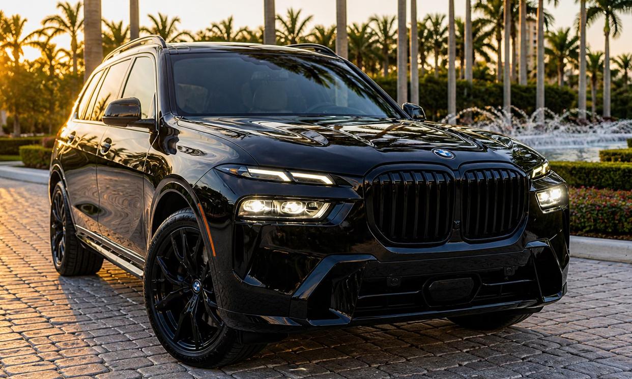 MiaGo black BMW X7 surrounded by Miami palms