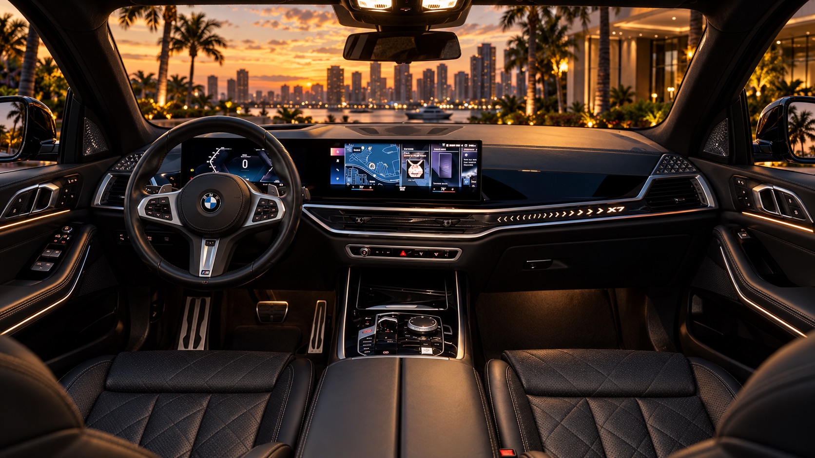 BMW X7 interior overlooking the Miami skyline at sunset